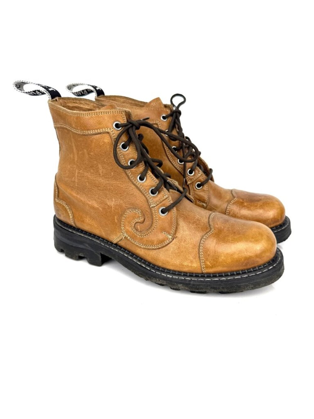 JOHN FLUEVOG 7th Heaven Derby Swirl Rare Cognac Brown Smooth Leather Boots 9